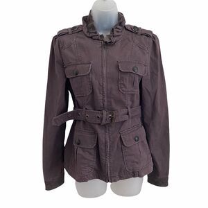 Sanctuary Small Basic Jacket Chocolate Brown Full Zip Front Belted Lace Collar